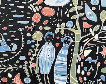 May include: A black background with a colorful, whimsical pattern of birds, flowers, and people. The pattern is made up of simple shapes and lines, and the colors are bright and cheerful.