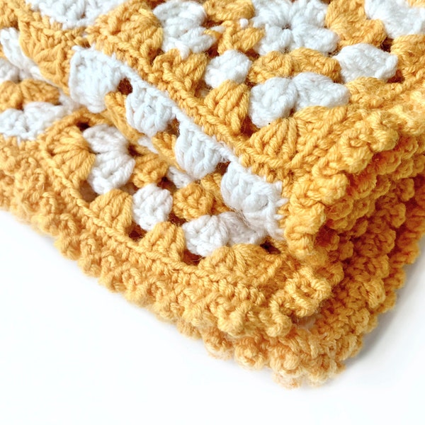 Handmade, Yellow colour unisex granny crocheted wool quilt for baby