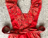 Original Marimekko vintage Apron, Red Gold fabric, Ruffle, gem