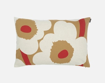 Marimekko "Unikko" pillow cover, brown, linen, red