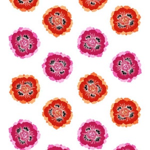May include: A seamless pattern of pink, red, and orange flowers with black centers on a white background.