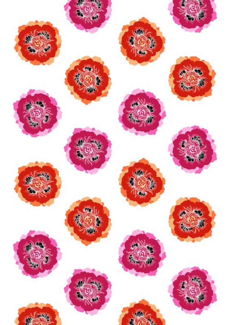 May include: A seamless pattern of pink, red, and orange flowers with black centers on a white background.