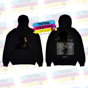 May include: Black hooded sweatshirt with a graphic print of a person on the front and a tour schedule on the back. The text on the back includes the cities and dates of the tour.