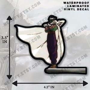 Op de afbeelding: Een waterdichte, gelamineerde vinyl sticker met een personage in een witte cape en een paarse broek. De sticker is 8,9 cm hoog en 10,7 cm breed. De tekst luidt "WATERPROOF LAMINATED VINYL DECAL".