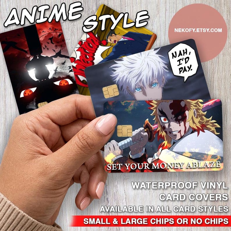 May include: Anime-style waterproof vinyl card covers featuring various anime characters. The covers have different designs, including characters with red eyes and a character with white hair and blue eyes. Text on the covers includes "Nah, I'd Pay" and "Set Your Money Ablaze."