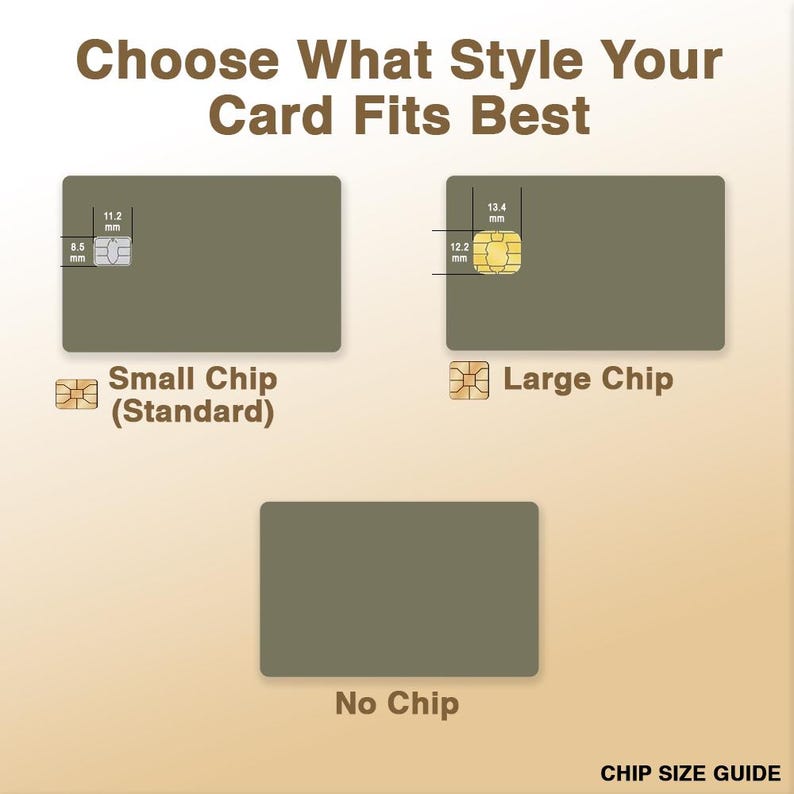 Puede incluir: Una gu&iacute;a de tama&ntilde;os de chip con tres ilustraciones de tarjetas. Las tarjetas superiores muestran un chip peque&ntilde;o (11,2 mm x 8,5 mm) y un chip grande (13,4 mm x 12,2 mm). La tarjeta inferior no muestra ning&uacute;n chip. El texto dice "Elige qu&eacute; estilo se adapta mejor a tu tarjeta."
