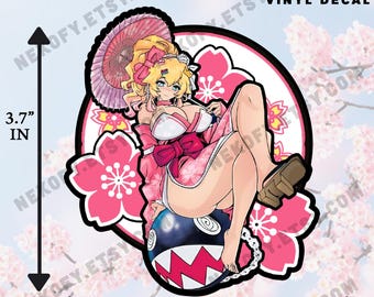 Pegatina impermeable laminada con diseño de la Princesa Peach en flor de cerezo (NSFW)