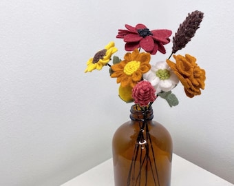 Fall Autumn Felt Dried Flower Bouquet in Amber Glass Vase - Gift, Present, Home Decor