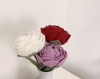 Small Handmade Ranunculus Buttercup Felt Flower Stems - Gift, Present, Home Decor