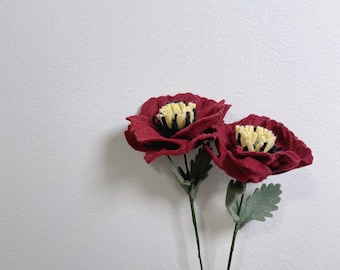 Small Handmade Red Poppy Felt Flower Stems - Gift, Present, Home Decor, August Birth Flower