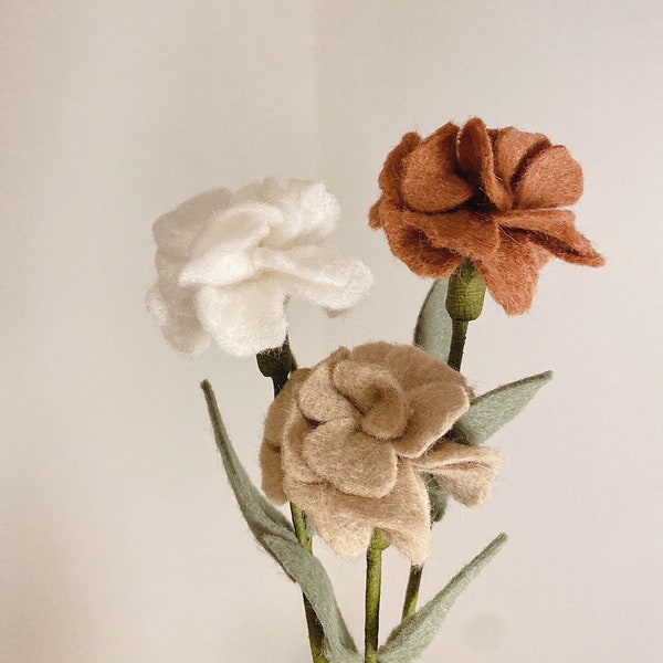 Small Handmade Carnations Felt Flower Stems - Gift, Present, Home Decor, January Birth Flower