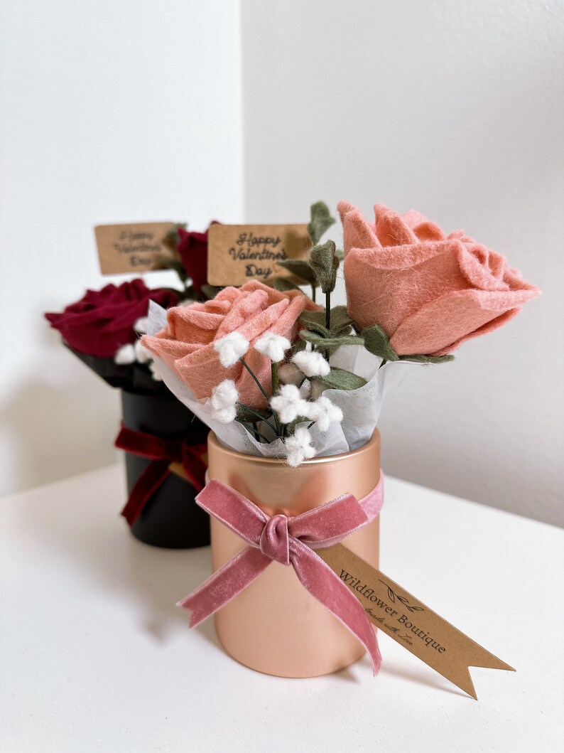 Valentine's Day Felt Dried Flower Rose Bouquet in Red or Pink Gift, Present, Home Decor image 4