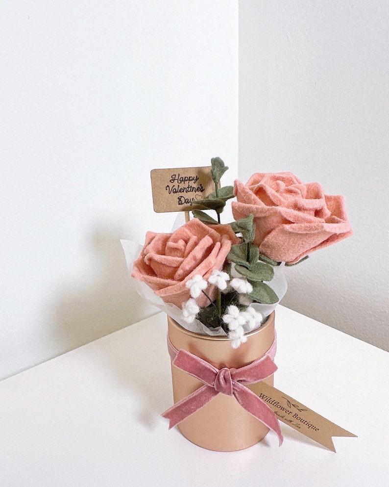 Valentine's Day Felt Dried Flower Rose Bouquet in Red or Pink Gift, Present, Home Decor image 3