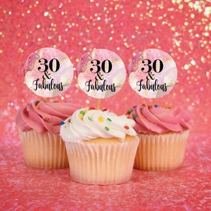 Printable 30th Birthday Marble Round Tags: Pink & Gold &#39;Fabulous&#39; Labels for Instant Download, Labels Stickers or Tags