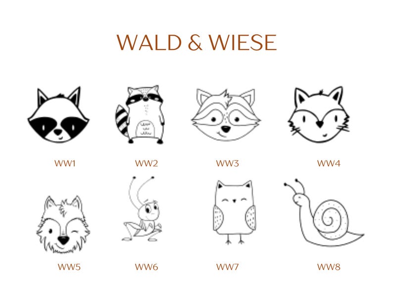 Pu&ograve; includere: Una collezione di otto illustrazioni di animali in bianco e nero a tratto, intitolata WALD & WIESE. Il set comprende un procione, un procione in piedi, un muso di procione, una volpe, un lupo, una cavalletta, un gufo e una lumaca, con codici.