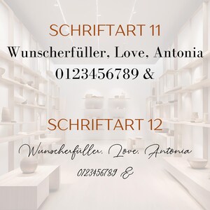 Pu&ograve; includere: Una tabella di selezione dei caratteri con due stili. SCHRIFTART 11 mostra il testo Wunscherf&uuml;ller, Love, Antonia e 0123456789 &. SCHRIFTART 12 mostra lo stesso testo e numeri in uno stile corsivo su uno sfondo interno di colore bianco.