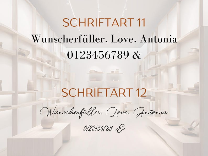 Pu&ograve; includere: Una tabella di selezione dei caratteri con due stili. SCHRIFTART 11 mostra il testo Wunscherf&uuml;ller, Love, Antonia e 0123456789 &. SCHRIFTART 12 mostra lo stesso testo e numeri in uno stile corsivo su uno sfondo interno di colore bianco.