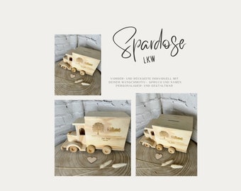 LKW Spardose aus Holz für Kinder u. Erwachsene | personalisiertes Sparschwein |  Lastwagen Spardose | individuelle Sparbüchse aus Holz