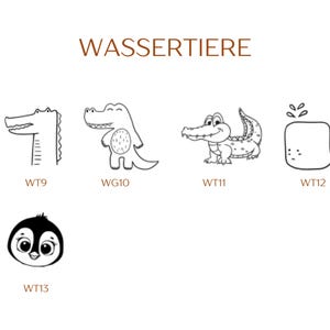 Pu&ograve; includere: Una collezione di illustrazioni in bianco e nero a tratto etichettate WASSERTIERE. Le icone includono una testa di coccodrillo etichettata WT9, un coccodrillo in piedi etichettato WG10, un coccodrillo che cammina etichettato WT11, una balena etichettata WT12 e una testa di pinguino etichettata WT13.