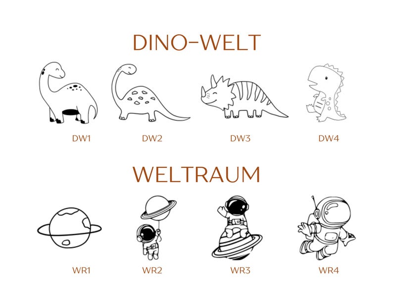 Pu&ograve; includere: Una collezione di icone in arte lineare nera disposte su due righe. La riga superiore etichettata DINO-WELT presenta quattro illustrazioni di dinosauri etichettate da DW1 a DW4. La riga inferiore etichettata WELTRAUM mostra quattro icone spaziali.