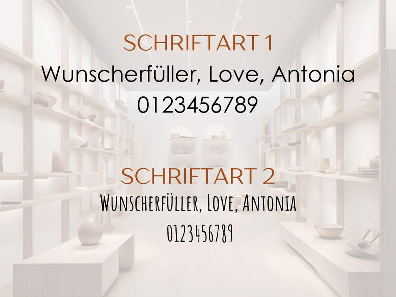 Pu&ograve; includere: Una tabella di confronto dei caratteri che mostra due stili distinti etichettati come SCHRIFTART 1 e SCHRIFTART 2. Ogni sezione presenta il testo Wunscherf&uuml;ller, Love, Antonia e la sequenza numerica 0123456789 in nero su sfondo bianco.