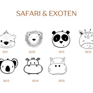Pu&ograve; includere: Una collezione di sette illustrazioni a linee bianche e nere di volti di animali intitolata SAFARI & EXOTEN. Le icone includono un orso, un leone, un panda, una giraffa, un koala e due ippopotami, ciascuno con un codice da SE9 a SE15.