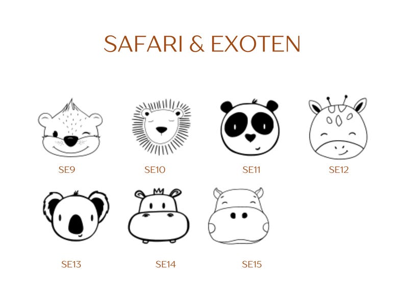 Pu&ograve; includere: Una collezione di sette illustrazioni a linee bianche e nere di volti di animali intitolata SAFARI & EXOTEN. Le icone includono un orso, un leone, un panda, una giraffa, un koala e due ippopotami, ciascuno con un codice da SE9 a SE15.