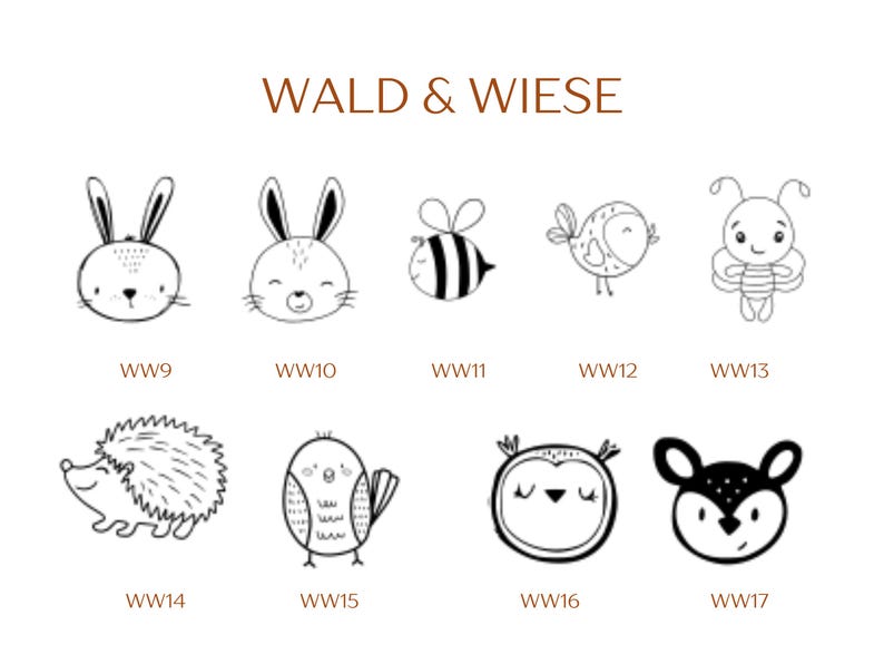 Pu&ograve; includere: Una collezione di illustrazioni a tratto in bianco e nero etichettate WALD & WIESE. Il set presenta nove personaggi animali, tra cui conigli, un'ape, uccelli, un riccio, un gufo e un cervo, ciascuno identificato dai codici da WW9 a WW17.