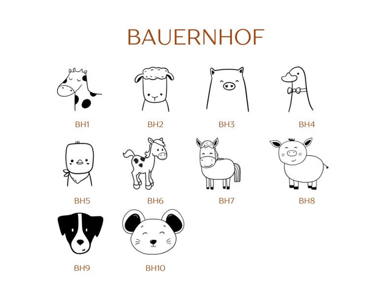Pu&ograve; includere: Una collezione di dieci illustrazioni al tratto in bianco e nero di animali da fattoria etichettate BAUERNHOF. Il set include una giraffa, una pecora, un maiale, un'anatra, un uccello, un puledro, un cavallo, un maialino, un cane e un topo.