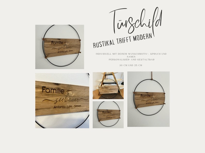 Einzigartiges personalisiertes Türschild aus Holz und Metallring modern-rustikales Design. Die perfekte moderne Dekoration Bild 1
