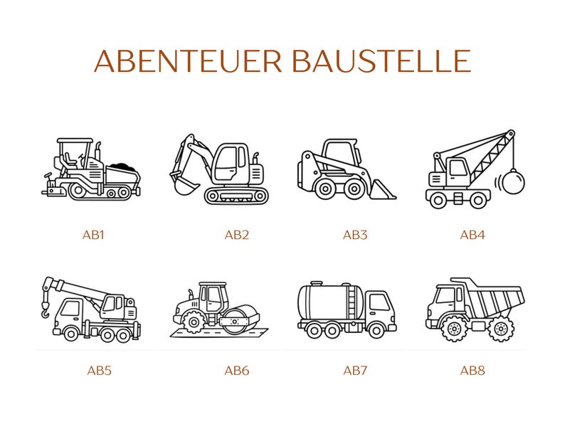 Pu&ograve; includere: Una collezione di otto icone in linea nera che raffigurano veicoli da cantiere etichettati da AB1 ad AB8, disposti su due file sotto il testo marrone ABENTEUER BAUSTELLE. I veicoli includono una finitrice, un escavatore, una minipala, una gru con palla da demolizione, un'autogr&ugrave;, un rullo compressore, un'autobotte e un autocarro con cassone ribaltabile.