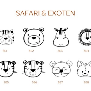 Pu&ograve; includere: Una collezione di otto illustrazioni in bianco e nero di volti di animali con il titolo SAFARI & EXOTEN. Le icone includono una tigre, un orso, una zebra, un leone e altre creature, ciascuna contrassegnata da un codice da SE1 a SE8 in marrone.