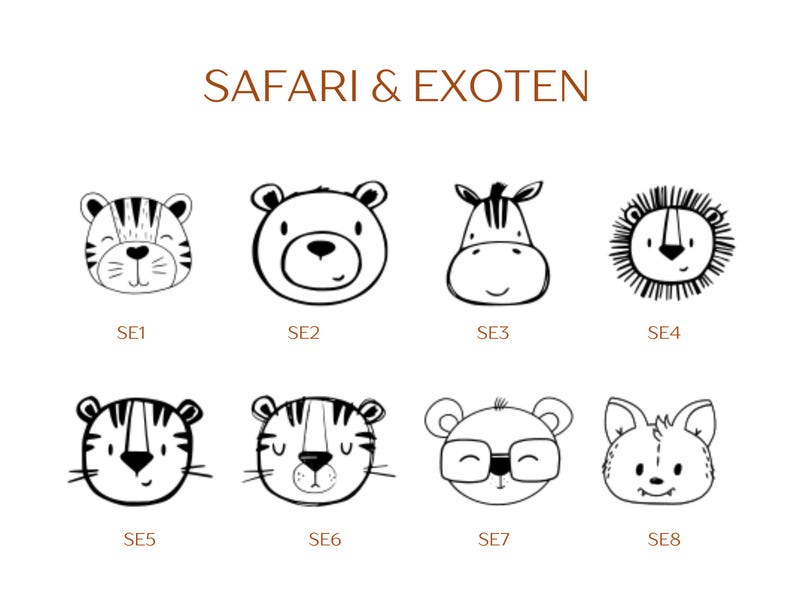 Pu&ograve; includere: Una collezione di otto illustrazioni in bianco e nero di volti di animali con il titolo SAFARI & EXOTEN. Le icone includono una tigre, un orso, una zebra, un leone e altre creature, ciascuna contrassegnata da un codice da SE1 a SE8 in marrone.
