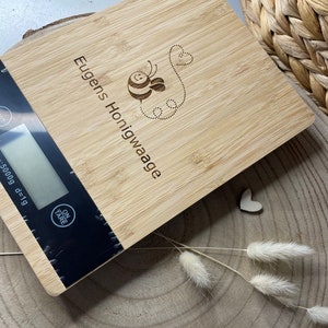 Balanças digitais de cozinha em bambu | com gravação pessoal | personalizado | Balanças de cozinha com função tara | escala personalizada