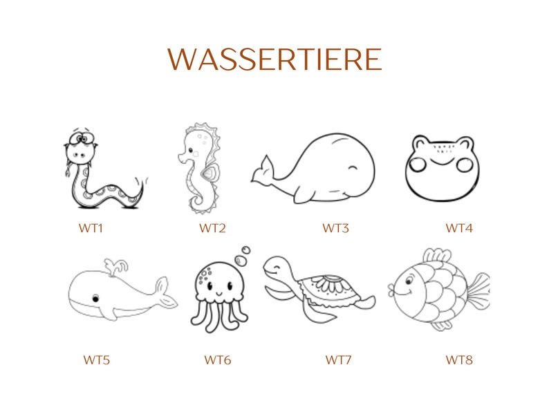 Pu&ograve; includere: Una collezione di otto illustrazioni al tratto in bianco e nero di animali acquatici etichettate WASSERTIERE. Il set include un serpente, un cavalluccio marino, una balena, una rana, una balena con spruzzo, una medusa, una tartaruga e un pesce.