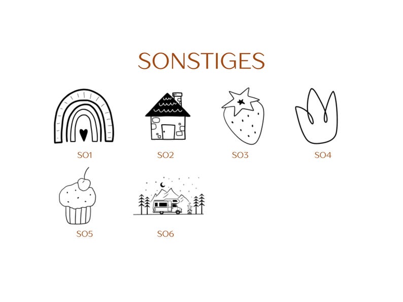 Pu&ograve; includere: Una collezione di sei icone in linea nera etichettate da SO1 a SO6 sotto l'intestazione SONSTIGES. Le icone raffigurano un arcobaleno con un cuore, una casa, una fragola, un tulipano, un cupcake con una ciliegia e un camper in montagna.