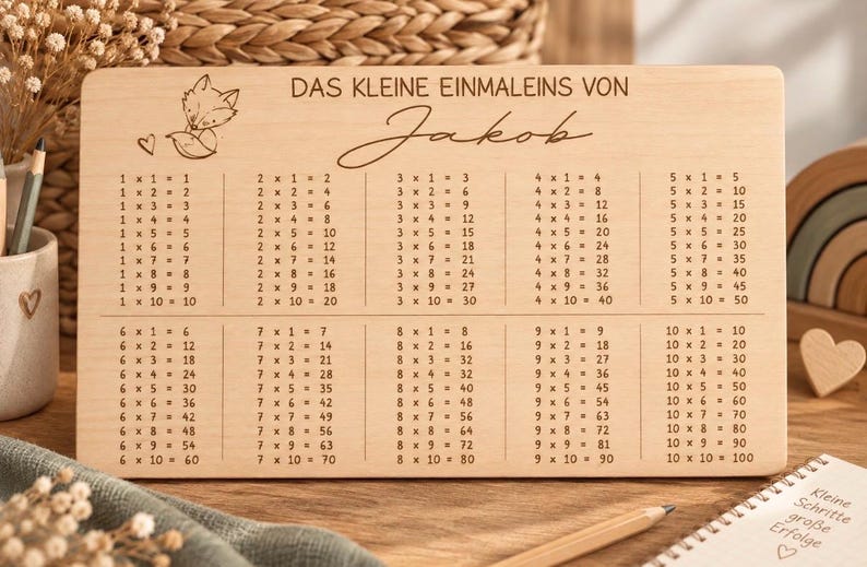 Pu&ograve; includere: Una tavola rettangolare in legno chiaro che presenta una tavola pitagorica da 1 a 10. La tavola &egrave; incisa con il testo DAS KLEINE EINMALEINS VON Jakob e una piccola illustrazione di una volpe. I numeri sono disposti in colonne.