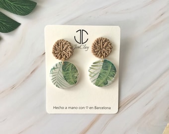 Brincos de folhas tropicais, brincos de argila de polímero de folhas de palmeira, brincos de folha Monstera, pingente de planta amante, brincos de argila de polímero feitos à mão,