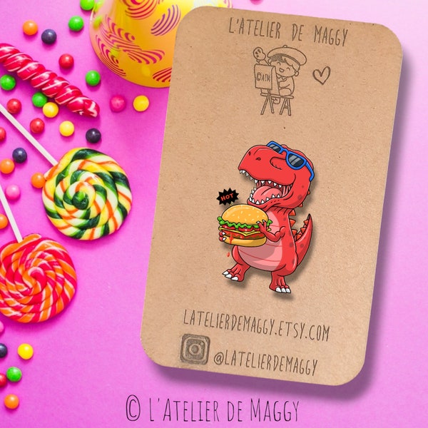 Pin's Dinosaure T-Rex avec un burger | Bijoux Dinosaure T-Rex | Idée Cadeau pour fan de de dinosaure et burger | Cadeau humour anniversaire