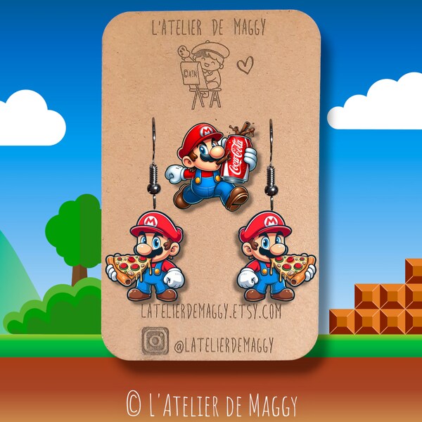 Boucles d'oreille Super Mario + Pin's | Super Mario mangeant une pizza et buvant un coca |Cadeau pour les fans de Super Mario | Cadeau Gamer