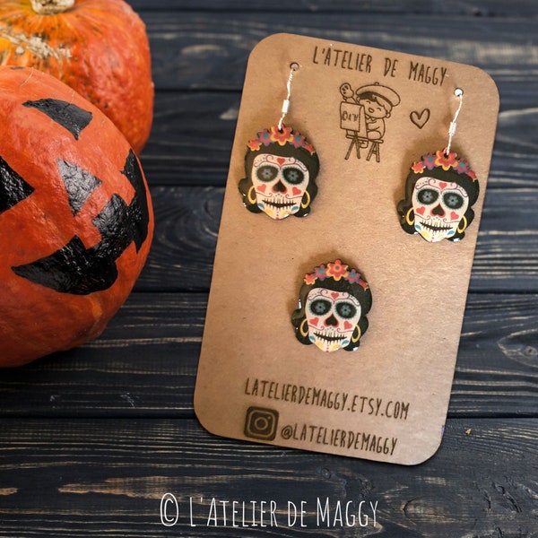 Boucles d'oreilles Calaveras Catrina avec broche Bijoux Tête de Mort Mexicaine Crâne de Sucre Idée de Cadeau anniversaire pour femme