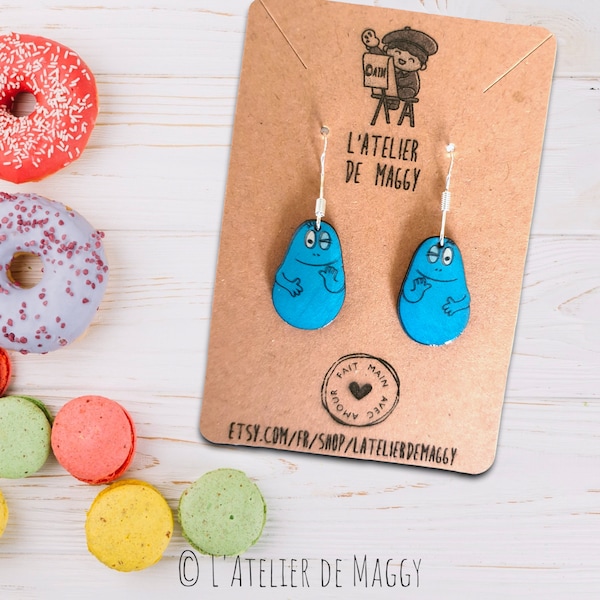 Boucles d'oreilles Barbapapa Barbibul | Boucles d'oreilles fantaisies bleu en argent | Idée cadeau pour femme | Idée cadeau vintage