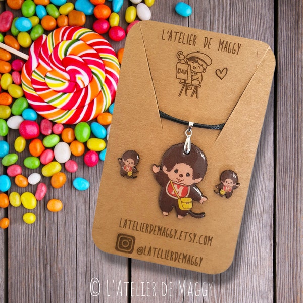 Ensemble Boucles d'oreilles + Collier Kiki Singe Monchhichi en bois Parure bijoux Idée Cadeau pour elle Idée Cadeau années 80