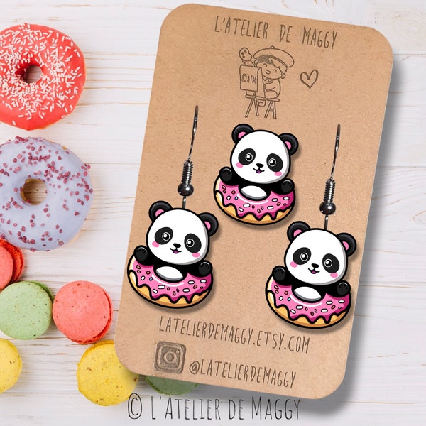 Boucles d'oreilles pendantes Pando Donuts + Pin's | Bijoux Panda Kawaii Donuts | Idée cadeau  pour elle | Cadeau pour gourmande | Donuts