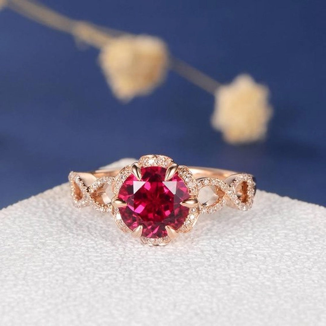 Round Cut Lab Ruby Halo Engagement Ring Round Cut Lab Ruby - Etsy