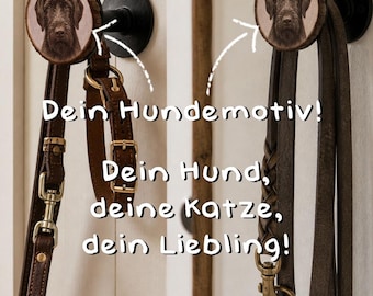 Wall-mounted dog leash holder made of wood and metal, leash holder with dog motif, wall hook for dog leashes