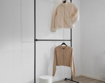 Clothes rack made of black metal, freestanding clothes rail with 2 levels in industrial style