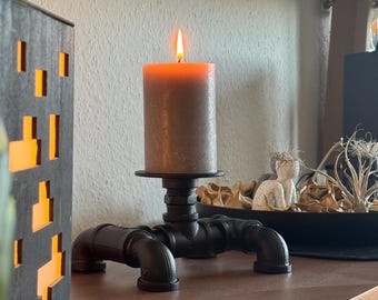 Tealight holder made of black steel tubing, industrial candle holder for tealights and pillar candles