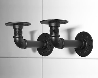 Set of 2 shelf brackets made from 3/4" industrial pipes – black wall brackets for wooden boards, shelves, industrial shelving