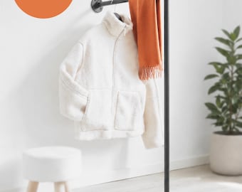 Wall-mounted clothes rack made of black metal, industrial wardrobe with floor support, steampunk style, depth selectable